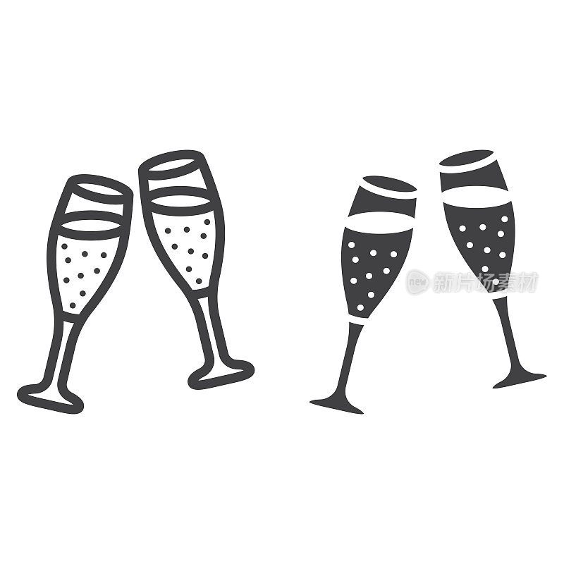 两杯香槟线和字形图标，情人节和浪漫，庆祝符号矢量图形，一个白色背景上的线性模式，eps 10。